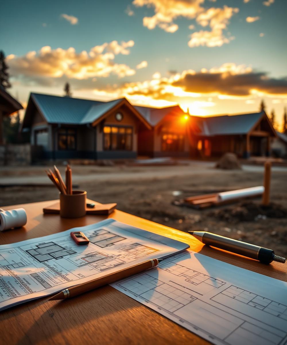 Custom home blueprints with construction in background