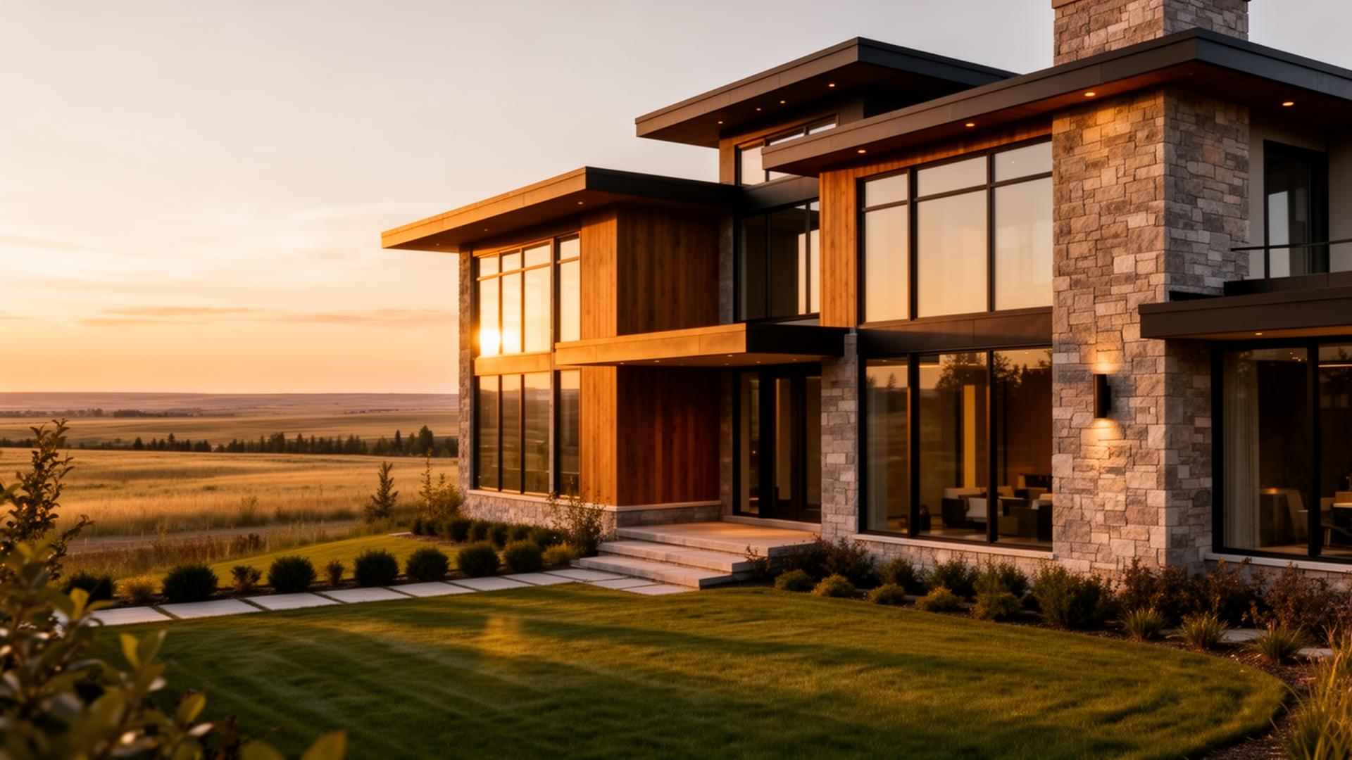 Modern luxury home exterior in Edmonton during golden hour